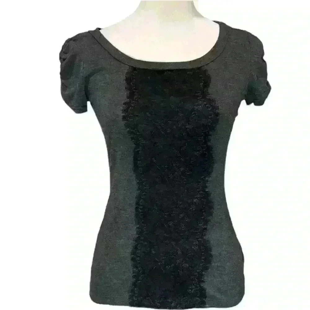 Iz Byer Y2K gray short sleeve top with black lace detail size small